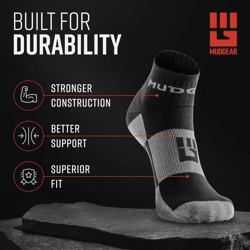 MudGear Quarter Crew Trail Socks, Blister-Resistant, Sweat-Resistant & Quick-Drying for Running, Hiking & Cycling, Non-Slip, Breathable, Cushioned Footbed, Made in USA, 2-Pack, Medium, Black/Gray - Image 2